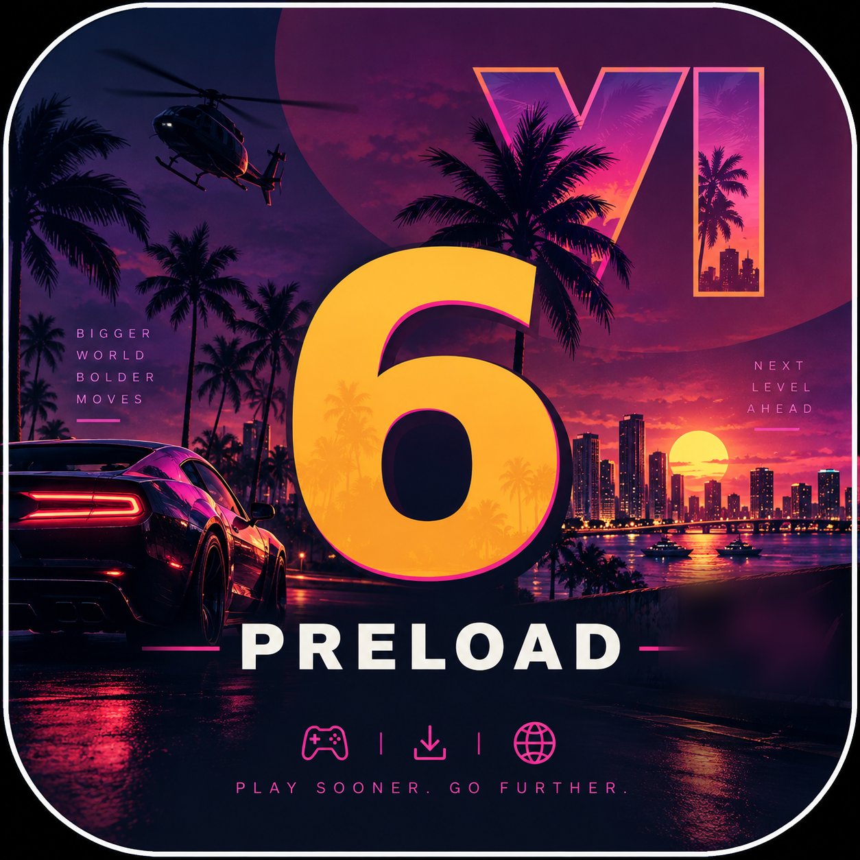 Preload 6 key art: a neon Miami skyline at sunset